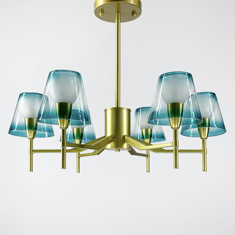 Стельова люстра у золотому каркасі із 6 бірюзовими плафонами
