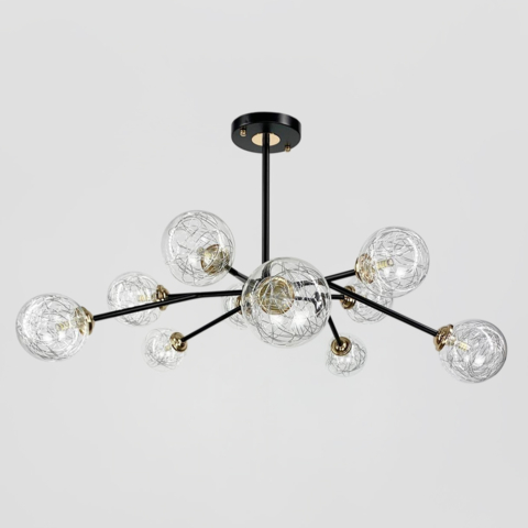 Стельова люстра в чорному корпусі з золотом на 10 плафонів 