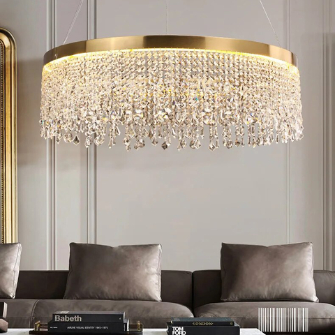 Неймовірна кришталева люстра з золотим обводком h35