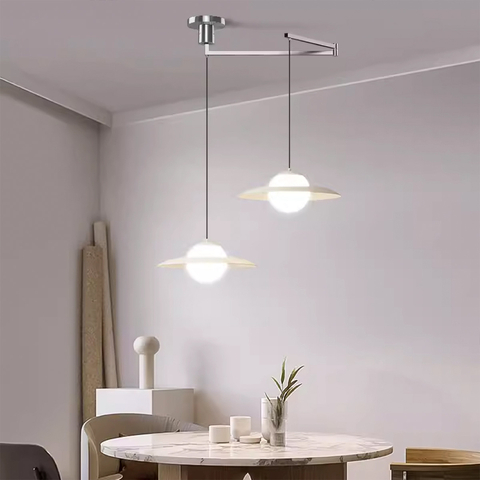 Регулирующий подвесной светильник в хромовом корпусе на 2 лампочки белым ободком