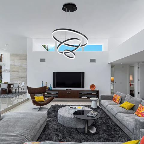 Подвесная люстра в черном корпусе на три кольца 60, 40 и 20 см