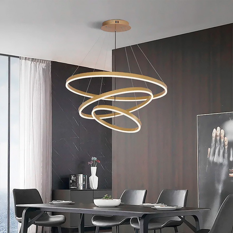 LED люстра на три кольца в золотом каркасе