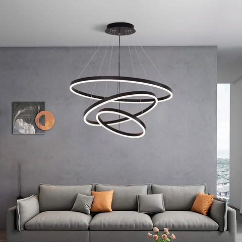 LED люстра на три кольца в черном каркасе 80+60+40 см