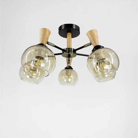 Металева люстра на 5 плафонів з елементами дерева