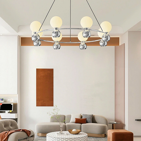 Підвісна срібна кільцева люстра з плафонами