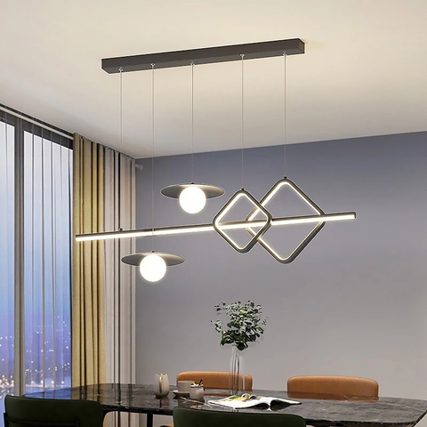 Удлиненная черная LED люстра с 2 светодиодными ромбами и 2 плафона