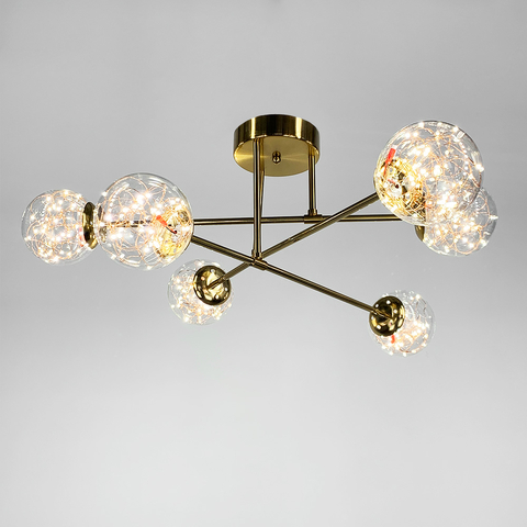 Латунна LED люстра на 6 прозорих плафонів із вбудованими світлодіодами