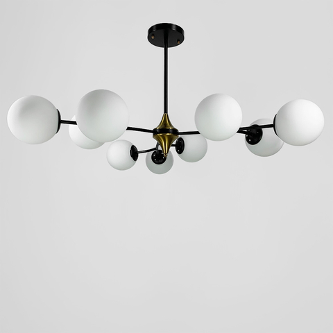 Чорна люстра із поворотними гілочками на 9 білих плафонів d=150