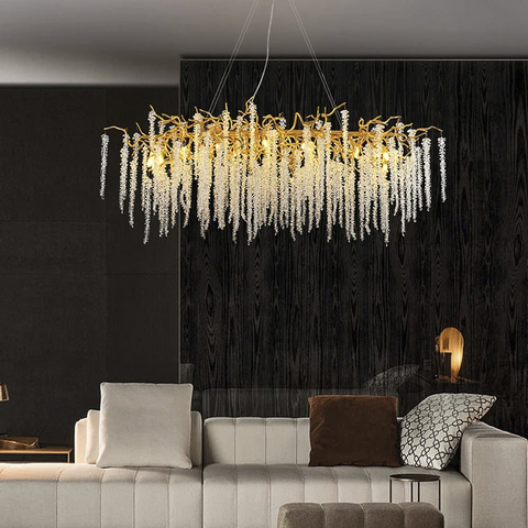 Видовжена вишукана золота люстра з кришталевими підвісками у корпусі 100 см