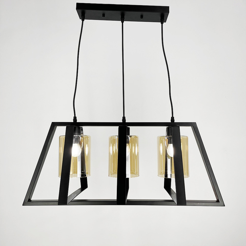 Люстра в треугольной форме корпуса черного цвета с янтарными плафонами