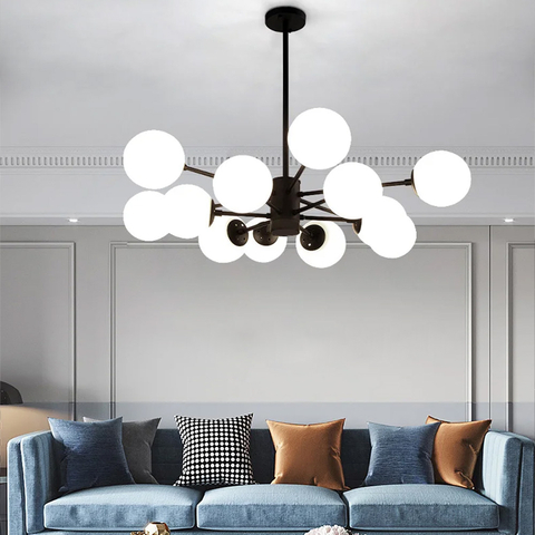 Мінімалістична чорна люстра на 12 білих матових плафонів