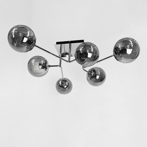 Сучасна стельова люстра в хромі на 6 графітових плафонів
