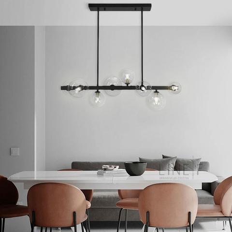 Видовжена чорна люстра-молекула на 8 плафонів 75 см