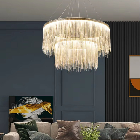 Хромована люстра з ланцюжками на 2 яруси Ø 80+50 см