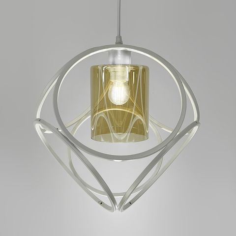 Підвісний світильник із янтарним плафоном у білому корпусі 35×35 см