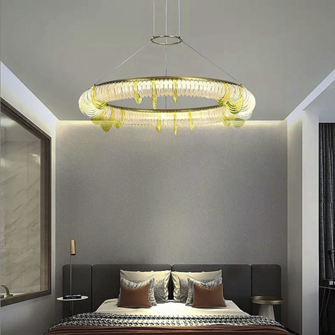 Латунна кільцева люстра із прозорими та жовтими пластинами Ø 105 см