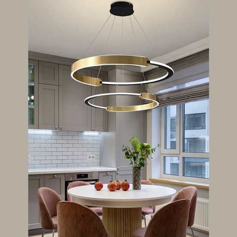 Підвісна люстра у латунно-чорному корпусі з двома кільцями Ø 60+40 см