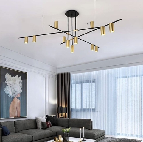 Сучасна чорна люстра на 12 латунних плафонів-спотів 