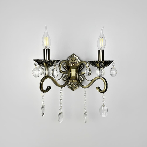 Бра підсвічник на 2 лампи із кришталевими підвісками у бронзовому корпусі