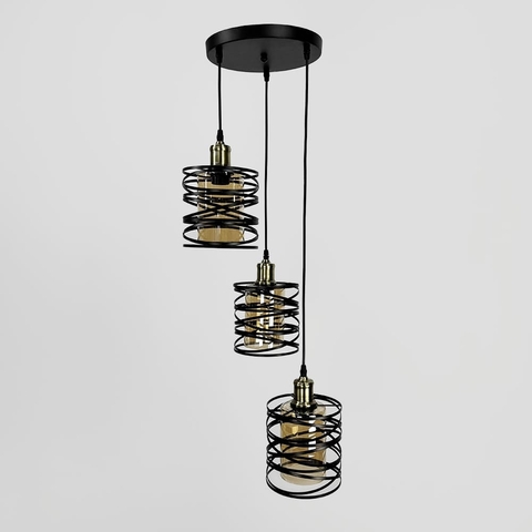 Потрійний підвіс у чорному круглому корпусі з янтарними плафонами