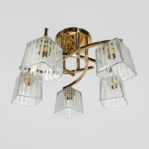 Стельовий золотий світильник на 5 білих плафонів Ø 45 см