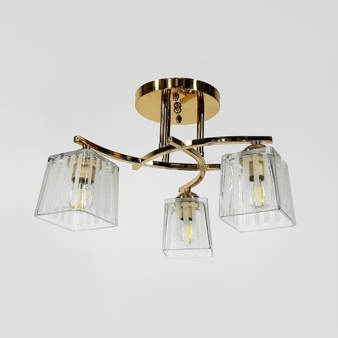 Стельовий золотий світильник на 3 білих плафони Ø 35 см