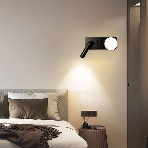 Левое черное бра на 2 выключателя с белым плафоном и спотом