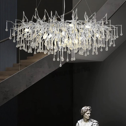 Розкішна видовжена люстра в хромі з скляними підвісами 150 см
