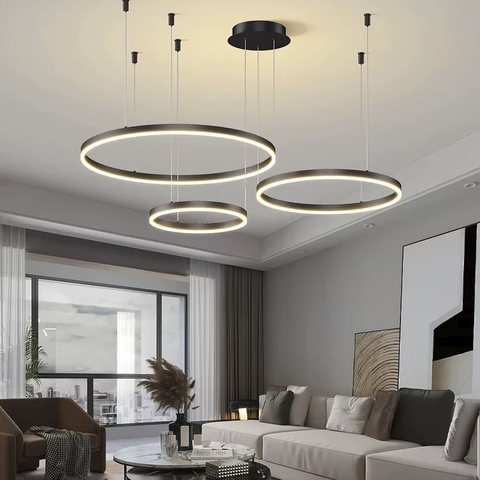 Підвісна люстра на три led кільця у чорному каркасі 60+50+40 см