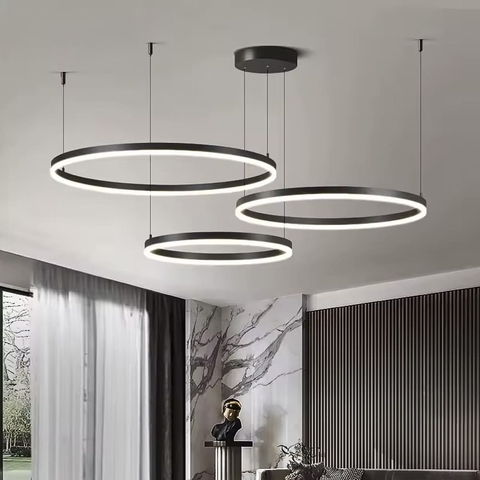 Подвесная люстра на три led кольца в черном каркасе 80+60+40 см