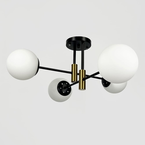 Стельова чорна люстра з латунною фурнітурою на 4 білих плафонів Ø 55 см