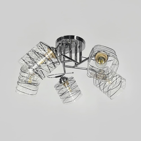 Люстра срібна на 5 плафонів з чорно-білими візерунками