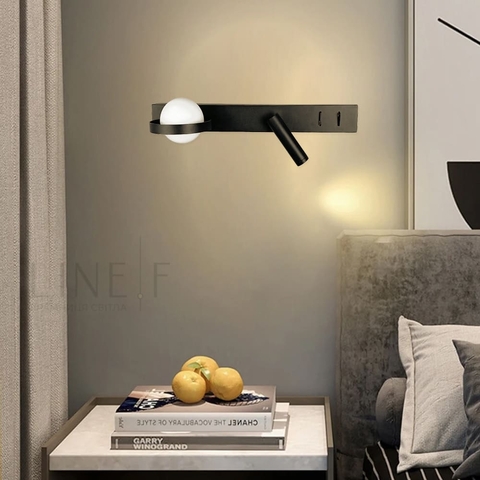 Левое черное бра на 2 выключателя с белым плафоном и спотом 40 см