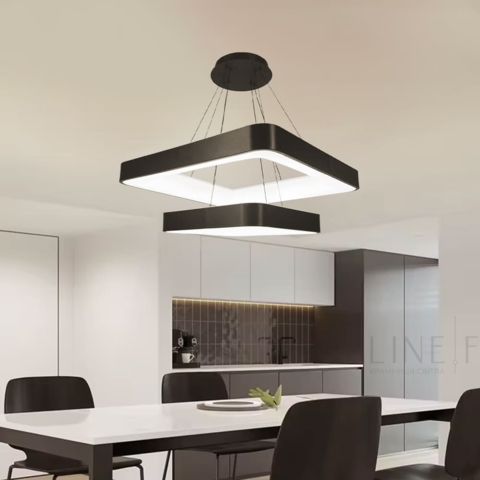 Двоярусна підвісна LED люстра в чорному квадратному корпусі 58 та 38 см