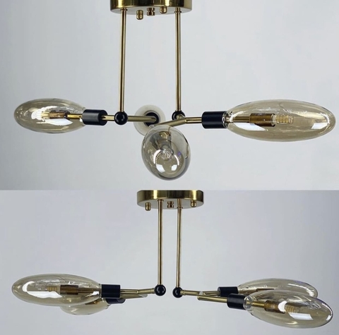 Люстра в корпусі латунь з 4 видовженими янтарними плафонами