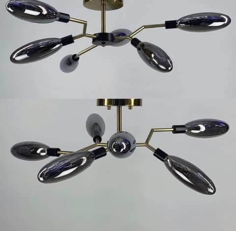 Люстра в корпусі латунь на 6 видовжених графітових плафонів