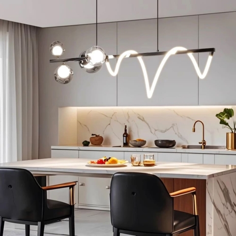 Видовжена чорна люстра з неоном і графітовими плафонами 120 см