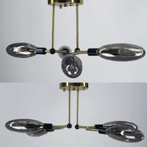 Люстра в корпусі латунь з 4 видовженими графітовими плафонами