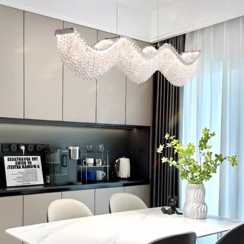 Світлодіодна хвиляста срібна люстра з кришталиками довжиною 80 см