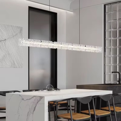 Підвісна видовжена люстра із пластинами у вигляді прозорих крижин 100 см