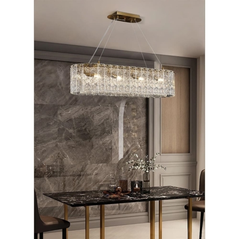 Підвісна видовжена латунна люстра із крижаними пластинами 90х30 см