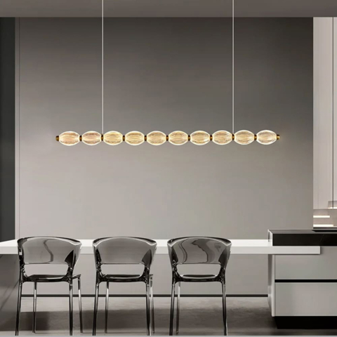 Led люстра з прозорими рельєфними кульками у латунному видовженому корпусі 100 см