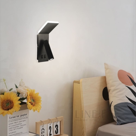 Чорне бра із спотом та верхньою підсвіткою на 2 вимикачі 24х7х13 см