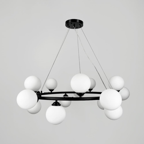 Кольцевая черная люстра на 15 белых плафонах Ø 95 см