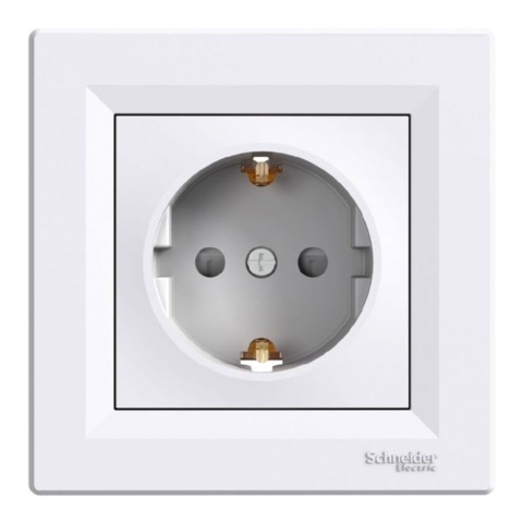 Розетка із заземленням Asfora 1-а з захисними шторками, Біла