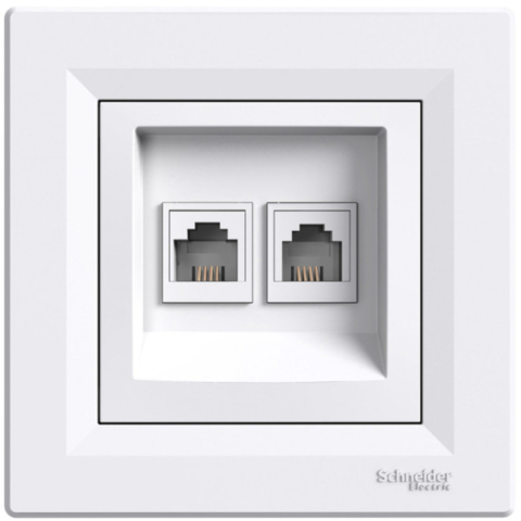 Розетка Asfora телефонная двойная, RJ11, 4 контакта, Белая