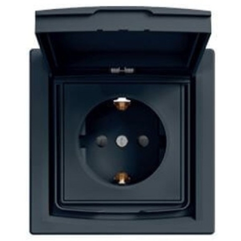 Розетка с заземлением Asfora 1-я с крышкой и шторками, IP44, Антрацит