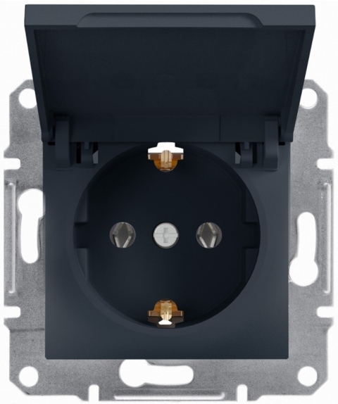 Розетка с заземлением Asfora 1-я с крышкой, Антрацит (без рамки)