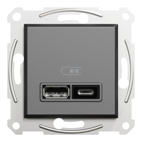 Розетка Asfora USB, 2 выхода, тип А+С 2,4А, Антрацит (без рамки)