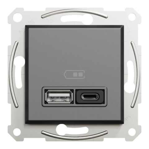 Розетка Asfora USB, 2 выхода, тип А+С 3А, 45 Вт, Антрацит (без рамки)